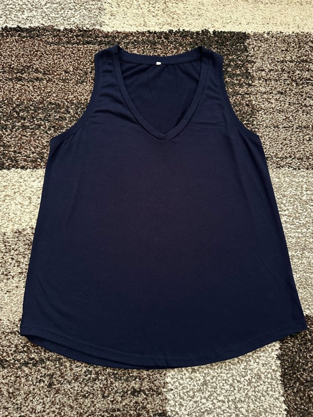 SMILE FISH (L) Navy Blue Deep V-Neck Tank Top Loose Flowy Sleeveless Curved Hem